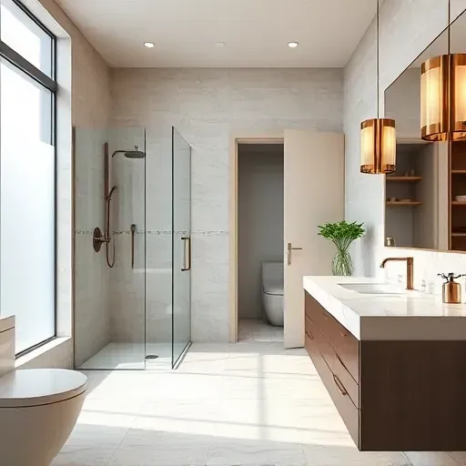 Remodeled South Midlothian TX bathroom with modern fixtures, walk-in shower, marble vanity, stylish lighting and sleek finishes