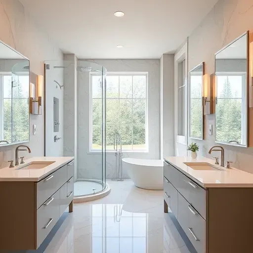 Renovated Arlington TX bathroom with modern fixtures, walk-in shower, marble countertops, and soft lighting.