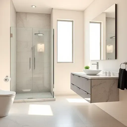 Freshly renovated Arlington TX bathroom featuring sleek design, walk-in shower, modern vanity, and polished finishes.