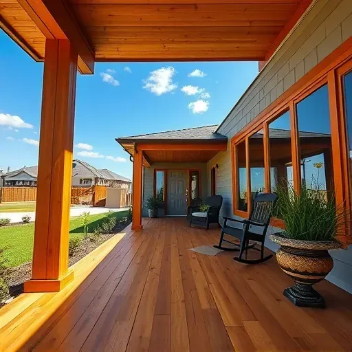 Cedar porch in Arlington TX with polished wooden planks, sturdy supports, lush landscaping, and cozy outdoor furniture