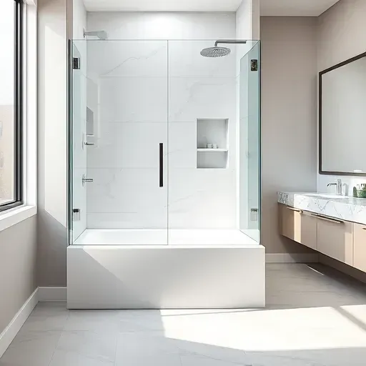 Modern Arlington TX bathroom with a sleek glass shower, white marble tiles, brushed nickel fixtures, and natural light