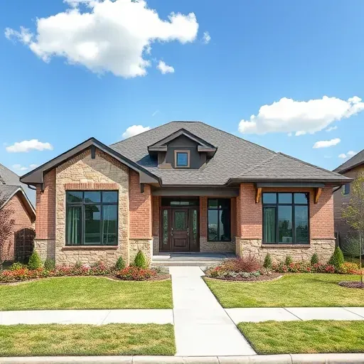 Modern single-family home in West Mansfield, TX with stone and wood accents, vibrant landscaping, and clear blue sky.