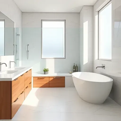 Modern renovated bathroom with white marble countertops, glass shower, freestanding tub, wooden cabinetry, and natural lighting
