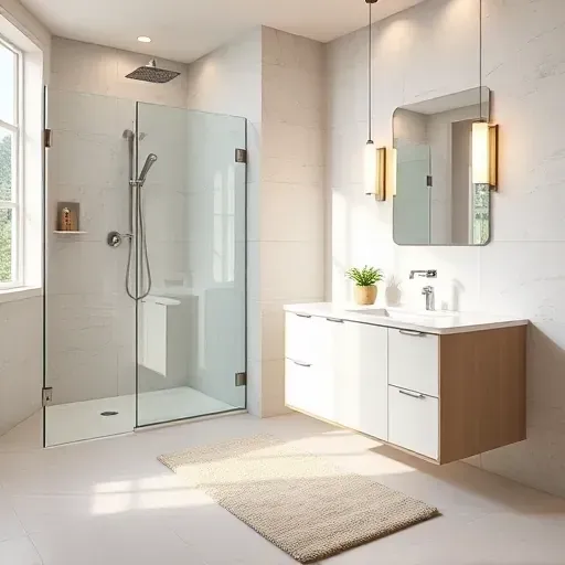 Flawlessly remodeled bathroom in Central Arlington TX with sleek design, walk-in shower, quartz countertop, and natural lighting.