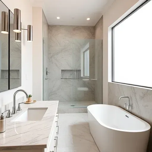 Renovated Arlington TX bathroom with modern fixtures, walk-in glass shower, soaking tub, marble vanity, and elegant decor