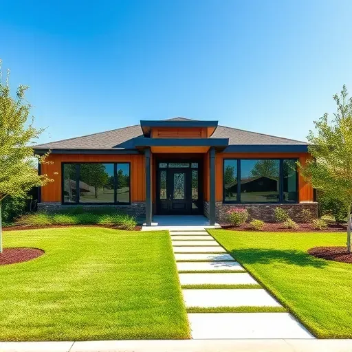 Completed modern home in West Euless TX with wood and metal accents, large windows, manicured lawn, and bright sky.