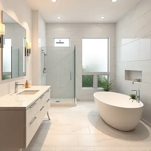 Remodeled Euless TX bathroom with modern fixtures, walk-in glass shower, freestanding tub, marble countertops, stylish cabinetry, and natural light