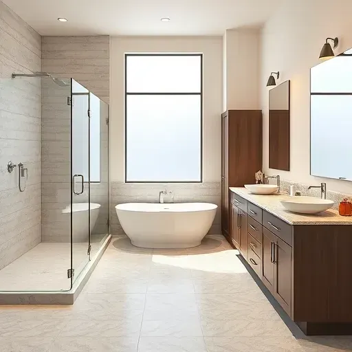 Remodeled South Mansfield TX bathroom with walk-in shower, soaking tub, granite vanity, modern fixtures, and elegant decor