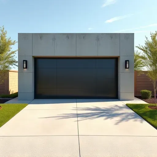 Newly built modern concrete garage in Arlington TX with clean lines, polished door, manicured lawn, and lush landscaping