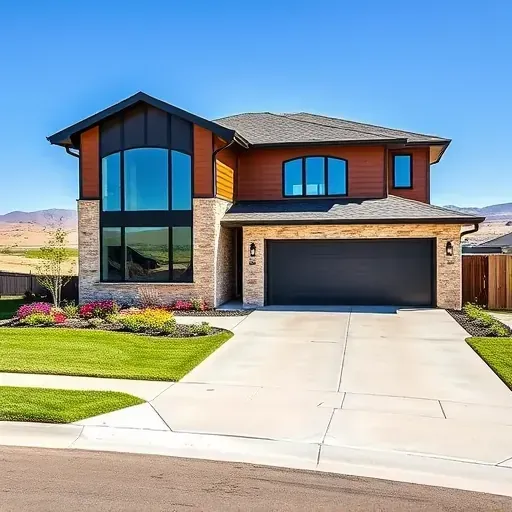 Modern home in West Arlington TX with sleek design, stone and wood exterior, manicured lawn, and vibrant landscaping.