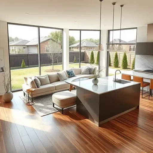 Modern remodeled Arlington TX home interior featuring a bright living room, sleek hardwood floors, minimalist furniture, and a stylish kitchen