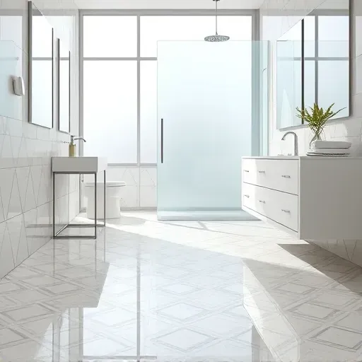 Finished modern bathroom with high-gloss geometric ceramic tiles, sleek fixtures, and natural light in Arlington Texas