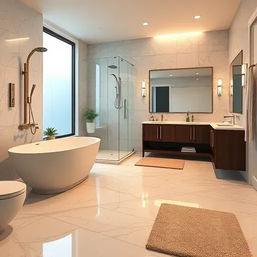 Recently renovated modern bathroom in North Euless TX featuring marble floors, freestanding tub, walk-in shower, double vanity, and elegant fixtures