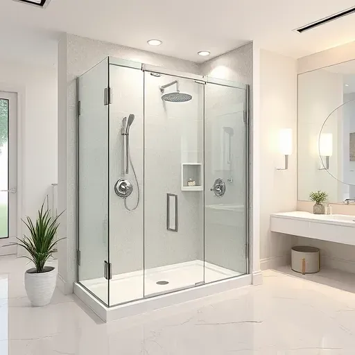 Completed modern shower remodel in Arlington TX with glass panels brushed nickel fixtures and elegant tiling