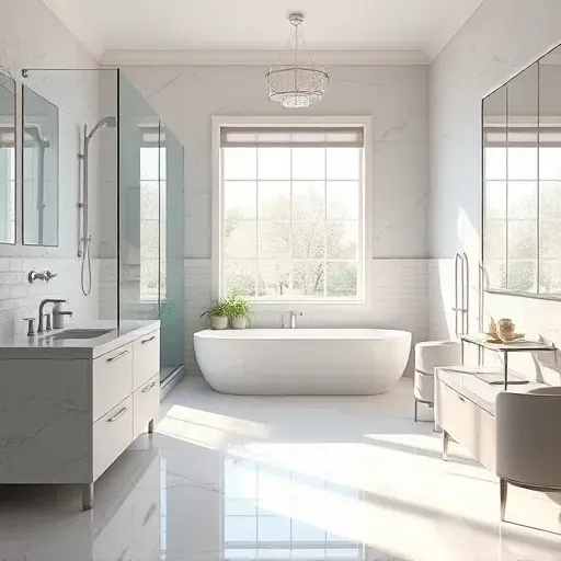 Beautiful renovated bathroom in East Cedar Hill TX featuring a glass shower, soaking tub, marble countertops, and natural light