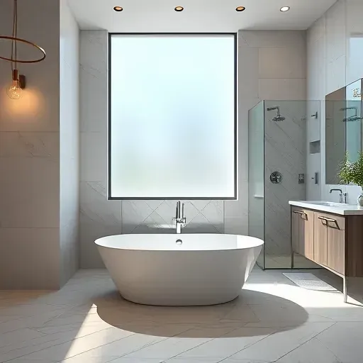 Completed modern bathroom in Central Grand Prairie TX with marble floors, freestanding tub, glass shower, and sophisticated finishes