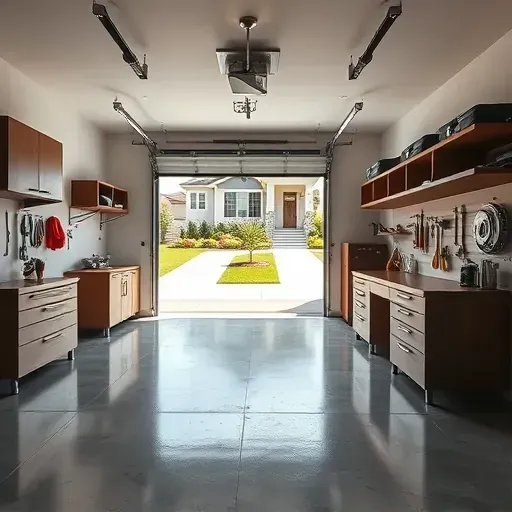 Renovated Arlington TX garage with modern design, polished concrete floors, sleek cabinetry, organized tools, and lush exterior view