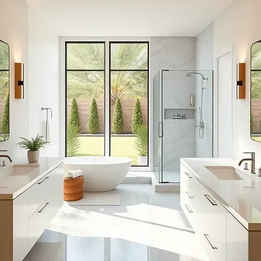 Freshly remodeled Arlington TX bathroom with modern fixtures, walk-in shower, freestanding tub, and elegant marble countertops.