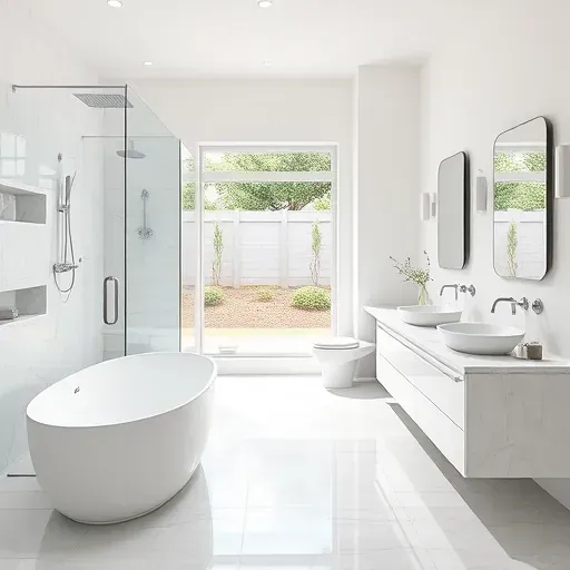 Renovated North Euless TX bathroom with frameless glass shower, freestanding tub, marble double vanity, and modern fixtures