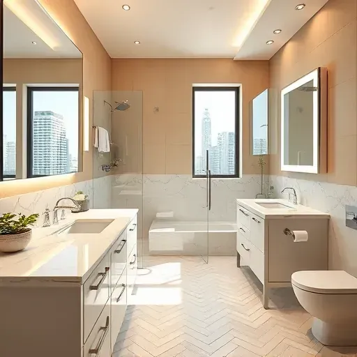 Modern East Arlington bathroom with marble countertops, glass shower, chrome fixtures, and herringbone tile flooring