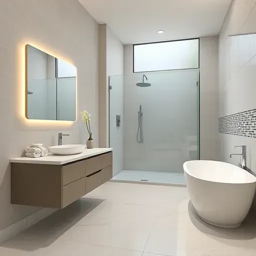 Remodeled Mansfield TX bathroom with floating vanity, large mirror, walk-in shower, soaking tub, neutral tones, and polished finishes