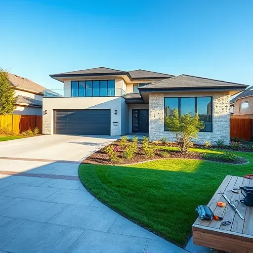 Modern residential home in East Mansfield TX with elegant design, manicured lawn, and serene neighborhood backdrop.