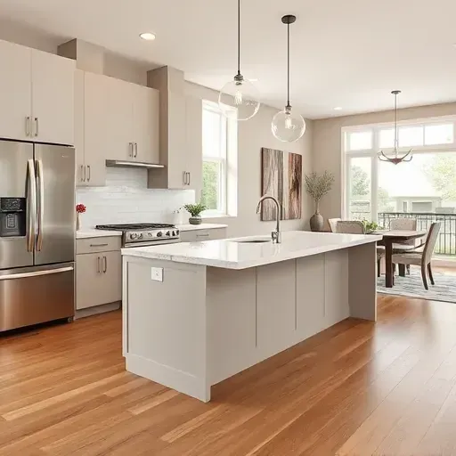 Renovated Arlington TX kitchen with matte modern cabinets marble island stainless steel appliances hardwood floors and natural light