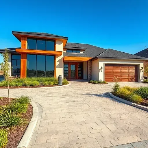Modern home in North Midlothian TX with stone-tiled driveway, landscaped gardens, and large windows highlighting craftsmanship