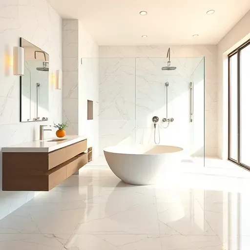 Remodeled South Euless bathroom featuring marble tiles, a freestanding tub by a large window, modern fixtures, and glass-enclosed shower
