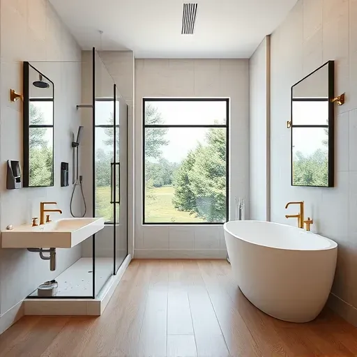 Renovated South Grand Prairie bathroom with modern fixtures, glass walk-in shower, freestanding bathtub, sleek tile, and natural light