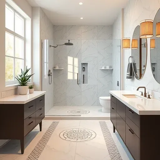 Renovated Arlington TX bathroom featuring modern fixtures, walk-in shower, marble countertops, and stylish tiles.