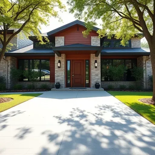 Modern home in Cedar Hill, TX, featuring elegant stone and wood façade, manicured landscape, and welcoming entrance.