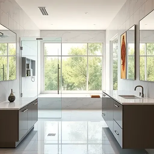 Renovated South Midlothian TX bathroom with modern fixtures, spacious walk-in shower, marble countertops, and bright ambiance.