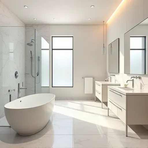 Beautiful renovated North Arlington TX bathroom with modern fixtures, marble tiles, glass shower, freestanding tub, and sleek design