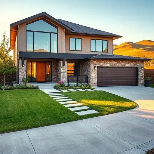 Modern home in Crandall TX with sharp lines, elegant stonework, manicured lawn, vibrant flowers, and serene hills.