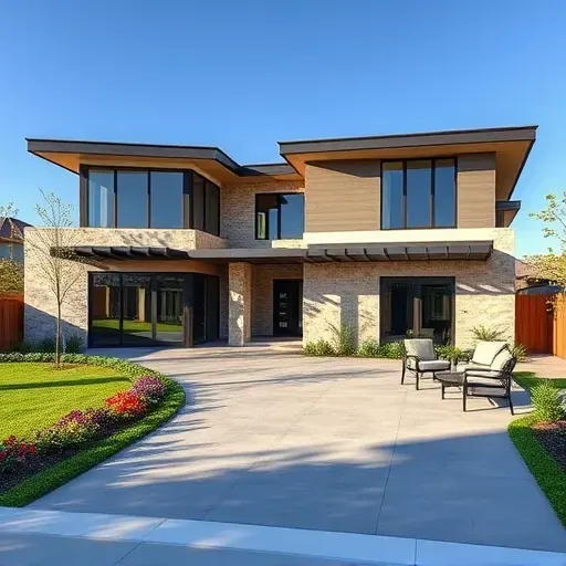 Completed modern home in West Mansfield TX featuring sleek lines, large windows, natural materials, and vibrant landscaping.