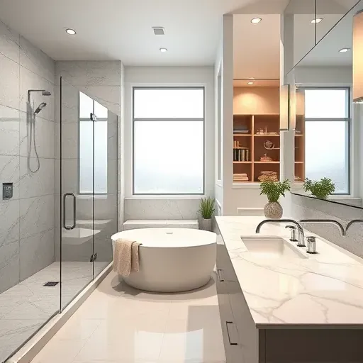 Recently remodeled modern bathroom in Arlington TX with walk-in shower, bathtub, marble vanity, elegant tiles, and ambient lighting