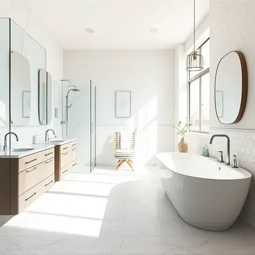 Remodeled Central Arlington TX bathroom with frameless shower, marble countertops, soaking tub, and modern decor