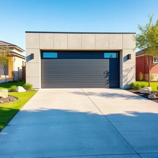 New modern garage in Arlington TX with concrete, sleek siding, large glass windows, and landscaped driveway under blue sky
