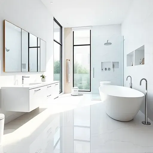 Remodeled Central Euless TX bathroom with marble flooring, modern freestanding tub, quartz vanity, and tiled shower