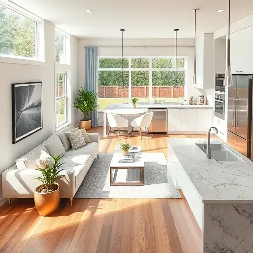 Renovated Arlington TX living room with hardwood floors, modern furniture, large windows, stylish lighting, and a sleek kitchen