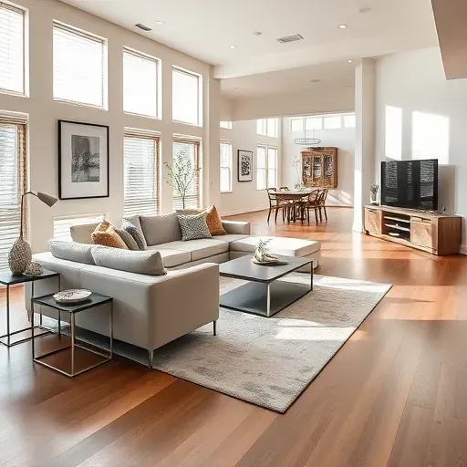 Remodeled Arlington TX living room with modern furniture, natural light, hardwood floors, neutral tones, and elegant decor