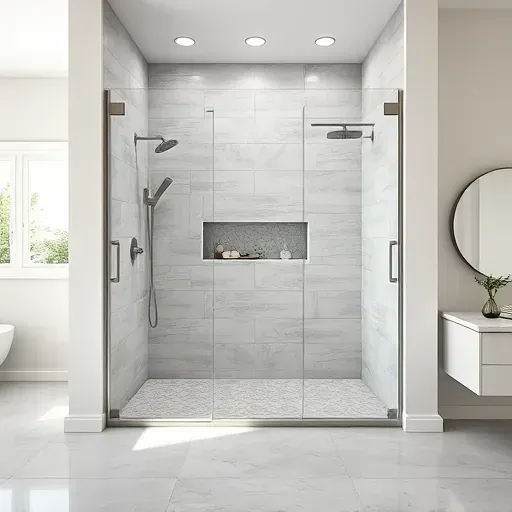 Modern walk-in shower in Arlington TX with glass doors, gray and white tiles, rainfall showerhead, and sleek fixtures