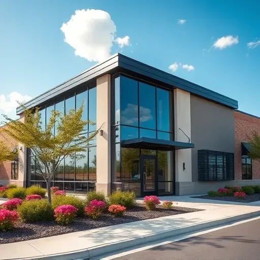 Completed modern commercial building in East Cedar Hill TX surrounded by native Texas landscaping and clear blue sky.