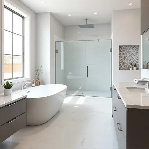 Beautiful modern bathroom in East Cedar Hill Texas featuring a freestanding tub, walk-in shower, marble counters, and polished porcelain tiles