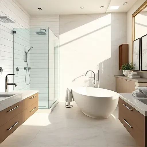 Remodeled North Grand Prairie bathroom with modern fixtures, glass shower, freestanding tub, marble countertops and natural light