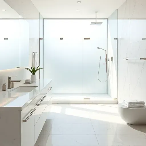 Remodeled modern bathroom in North Grand Prairie TX with marble countertops, glass shower, brushed nickel fixtures, and elegant decor