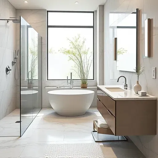 Modern bathroom renovation in Arlington TX features walk-in shower, freestanding tub, and sleek design elements.