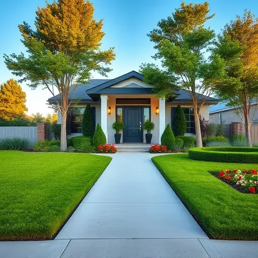 Well-maintained Arlington TX home with landscaped yard, colorful flowers, lush grass, modern pathway, and mature trees