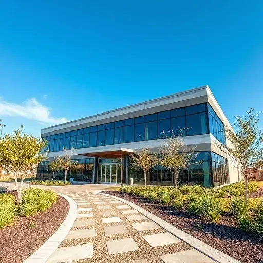 Modern commercial building in West Arlington TX with glass windows, Texas plants, and stone pathways under a clear sky.